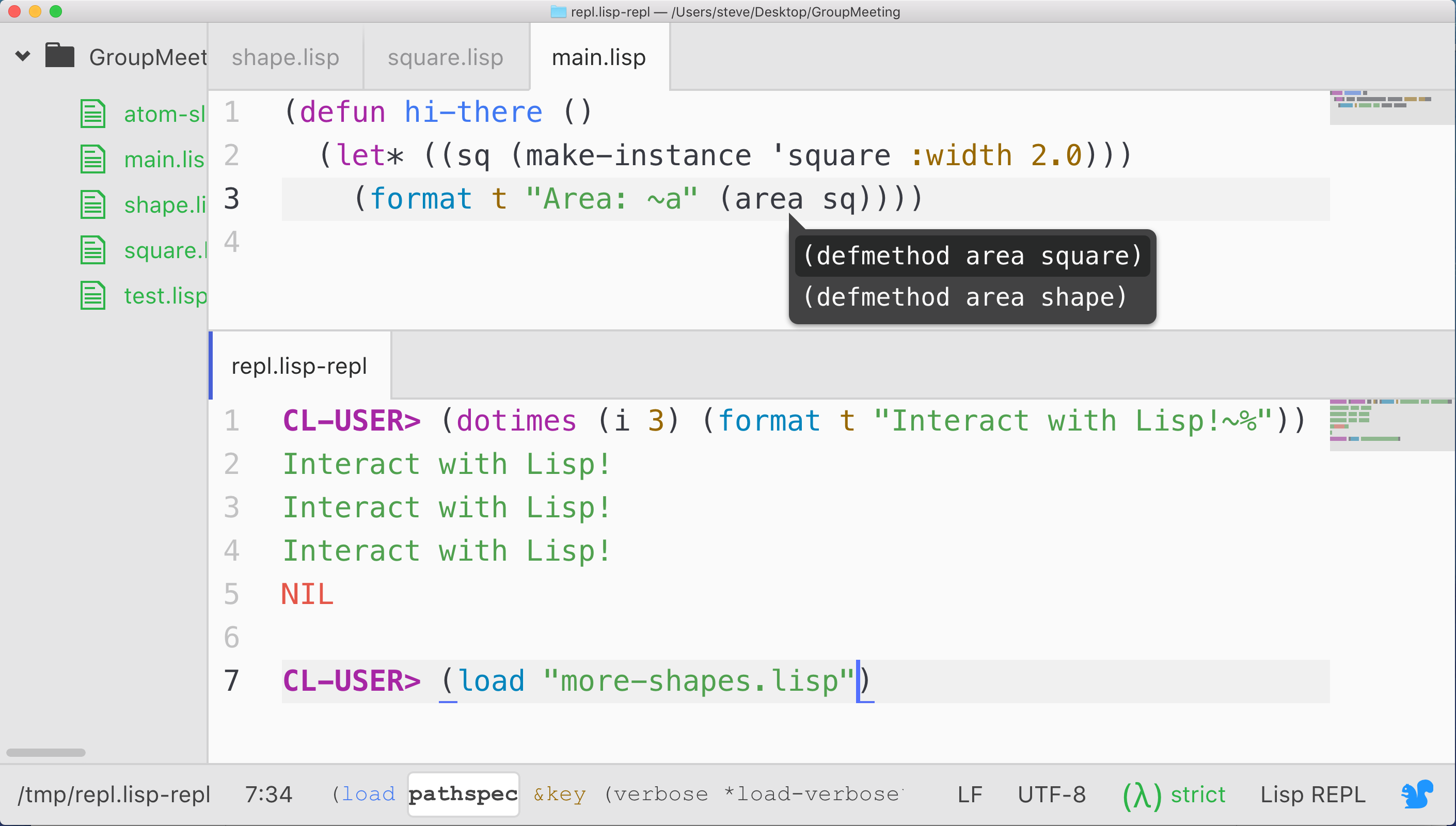 The SLIMA extension for Atom with an open Lisp REPL