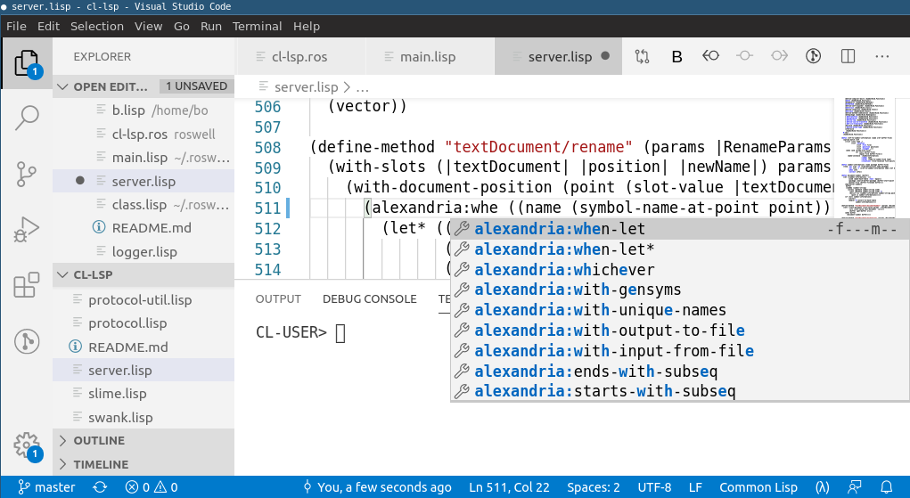 The VSCode extension with a Lisp REPL, code completion and a mini-map.