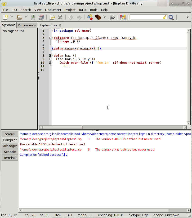 The Geany Lisp plugin showing compilation warnings
