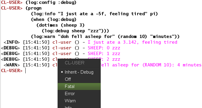 "changing the log level with log4slime"