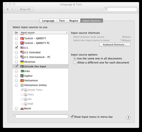 Switching to Unicode Hex Input