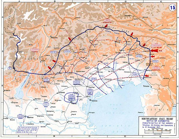 Map shows advances of Austro-German troops in the 12th Battle of the Isonzo, also called Battle of Caporetto. Klick for opening the page in commons.Wikimedia